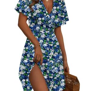 FENSACE Women Summer Outfits Short Sleeve Flattering Skater Casual Dress(Floral-84,X-Large) -
