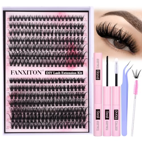 FANXITON DIY Lash Extension Kit Volume Lash Clusters 40D+50D D Curvature Individual Lashes Lash Clusters Kit Thick Eyelash Extension Kit 280 pcs Thin Band Cluster Lashes Lash Bond and Seal Tweezers -