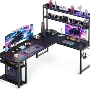ODK 66" L Shaped Gaming Desk with Hutch & Headphone Hook, Corner Computer Table with Storage Shelves for Home Office, Dark Black -