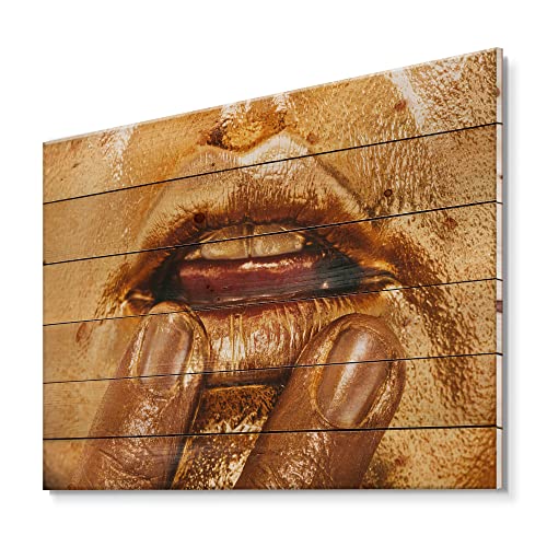 DesignQ Close Up Of Woman Lips With Bright Golden Makeup I Modern & Contemporary Wood Wall Decor, Orange Wood Wall Art, Large People Wood Wall Panels Printed On Natural Pine Wood Art -