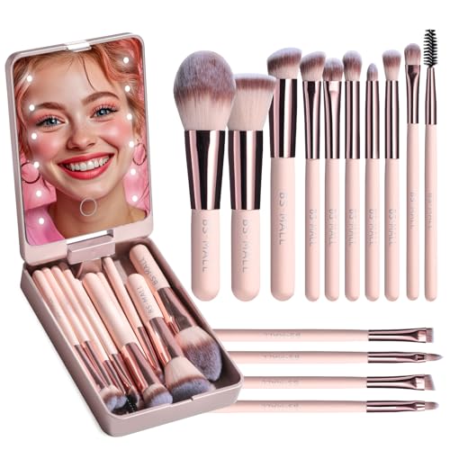 BS-MALL Makeup Brushes Foundation Powder Concealers Eye Shadows Makeup Set with LED light Mirror 14 Pcs Mini Makeup Brushes (APINK) -