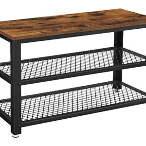 VASAGLE, 3-Tier Shoe Rack, Shelf Storage Bench with Metal Mesh Shelves and Seat, Free Standing Shoe Organizer for Entryway, 11.8 x 28.7 x 17.7 Inches, Rustic Brown and Black ULBS73X -