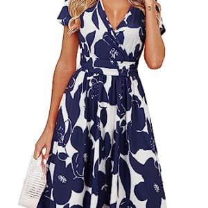 OUGES Women's 2024 Summer Dress Spring Short Sleeve V-Neck with Pockets Casual Floral Dresses Sundresses for Women(FloralZ30-419,L) -