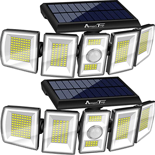 AmeriTop Solar Lights Outdoor 300 LED 6500K Motion Sensor Lights Cordless; 5 Adjustable Heads, 360° Wide Angle Illumination, IP65 Waterproof, Security Flood Light for Patio Yard Garden 2 Pack -