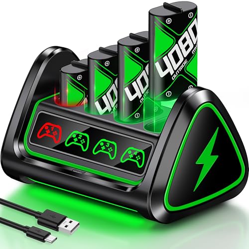 Upgraded Fast Charging Rechargeable Battery Packs with Light Control, 4 x 4080mWh for Xbox Batteries with Charger Dock/Storage for Xbox Series X|S, One S/X/Elite Controllers, Console Accessory -
