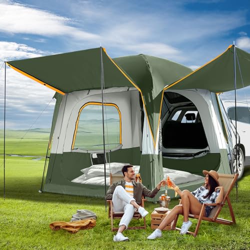 SUV Tents for Camping, Car Tents for Camping 4-6 People, PU 3000mm Waterproof SUV Tent Attachment Tailgate Tent for Car Jeep Van, Spacious Space 8.2'L x 8.2'W x 7.2'H with 2 Awnings & Double Door -