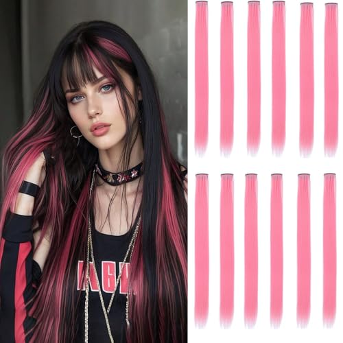 12 Pcs Pink hair extensions 22 Inch Straight colored hair colorful clip in extensions Highlight Party for Kids Girls and Women Gift(Pink,26) -