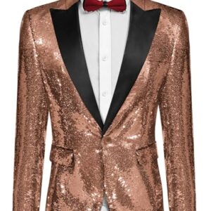 COOFANDY Shiny Sequins Suit Jacket Blazer One Button Tuxedo For Party,Wedding,Banquet,Prom,Nightclub, Rose Gold, Large -