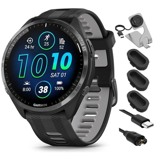 Garmin 010-02809-00 Forerunner 965 Running Smartwatch Black and Powder Gray Bundle with Deco Essentials Charging Dock, Silicone Dust Cover 3 Pack and USB Type C Charging and Sync Cable -