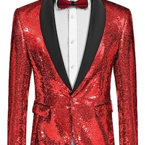 COOFANDY Shiny Sequins Suit Jacket Blazer One Button Tuxedo Christmas Nightclub Red -