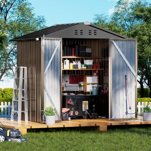 COMHOMA Shed Outdoor Storage Shed Metal,Lockable Doors Tool Sheds with Sloping Roof,Steel Garden Shed with Air Vent for Backyard,Patio,Lawn,Poolside (Brown, 6x4) -