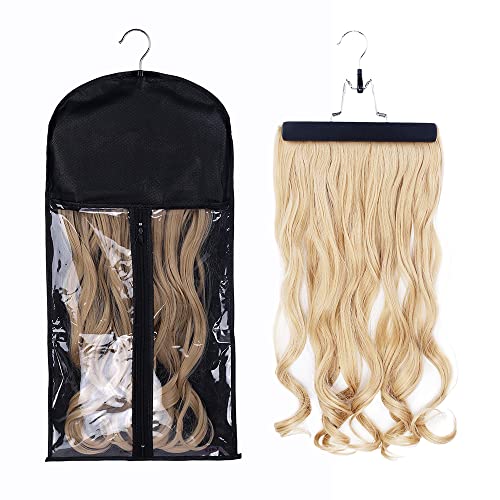 Hair Extensions Hanger with Storage Bag Hairpieces Storage Holder Wigs Carrier Case for Store Style Hair Black Color -