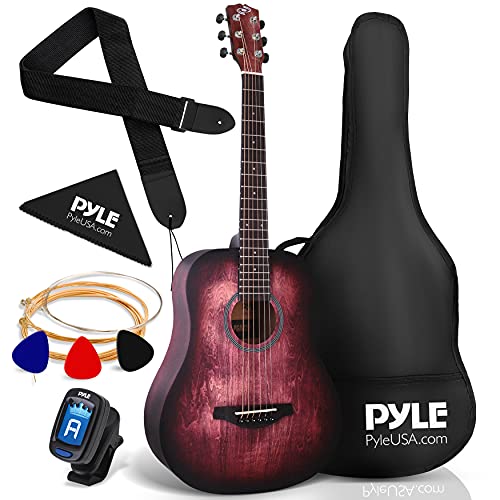 Pyle Acoustic Guitar Kit, 1/2 Junior Size All Wood Steel String Instrument for Beginner Kids, Adults, 34" Crimson Burst Matte -