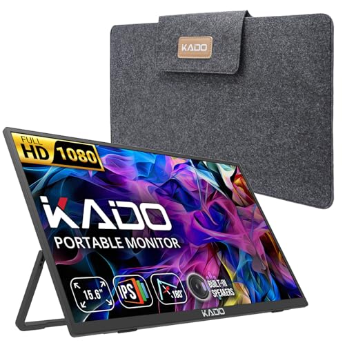 Kado Portable Monitor 15.6'' FHD 1080p, USB-C HDMI Gaming Monitor Ultra-Slim IPS Display Built-in Speakers, External Display 180° Kickstand Wall/Arm Mount for Laptop PC Phone Mac Xbox PS4/PS5 Switch -