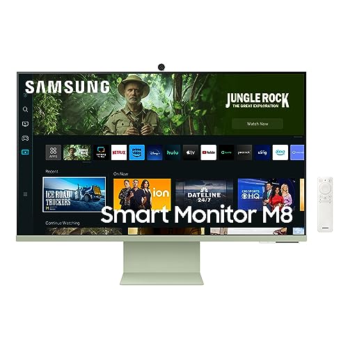 SAMSUNG 32" M80C UHD HDR Smart Computer Monitor Screen with Streaming TV, Slimfit Camera Included, Wireless Remote PC Access, Alexa Built-in (LS32CM80GUNXZA), Spring Green, 8"D x 28.1"W x 22.6"H -