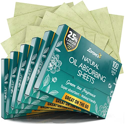 Natural Green Tea Oil Blotting Sheets - 25% Larger (4.7x3") - 600 Makeup Friendly Papers for Face - Easy Dispensing Oil Absorbing Sheets -