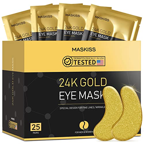 Maskiss 24k Gold Under Eye Patches (25 Pairs), eye mask, Collagen Skin Care Products, Eye Patches for Puffy Eyes, eye masks for dark circles and puffiness -