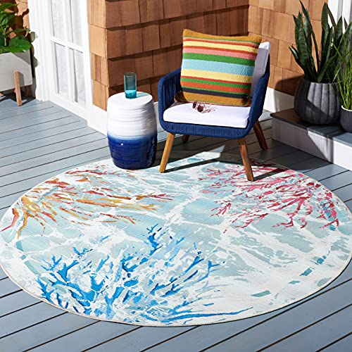 SAFAVIEH Barbados Collection Area Rug - 5'3" Round, Teal & White, Tropical Coral Design, Non-Shedding & Easy Care, Indoor/Outdoor & Washable-Ideal for Patio, Backyard, Mudroom (BAR535J) -
