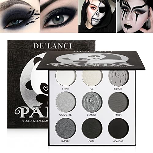 ecofavor Black Smoky Eye shadow Palette, DE’LANCI PANDA 9 Colors True Black Dark Grey Smokey Goth Makeup Pallet, 9 Soft Matte Shimmer High Pigmented Basic Black White Gray Shade for Halloween -