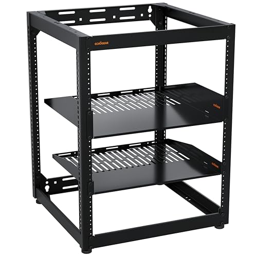 ECHOGEAR 15U Open Frame Rack for Servers & AV Gear - Wall Mountable Design Includes 2X Vented Shelves, 25x Rack Mounting Screws, 4X Leveling Feet, 4X Shelf Stops, & 2X Securement Straps -