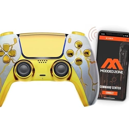 MODDEDZONE Handcrafted in USA Custom MODDED Wireless Controller for PS5 and PC -With Unique Smart Mods, Best For First Person Shooter Games - Gamepad for PlayStation 5 with Unique Design Gold Thunder -