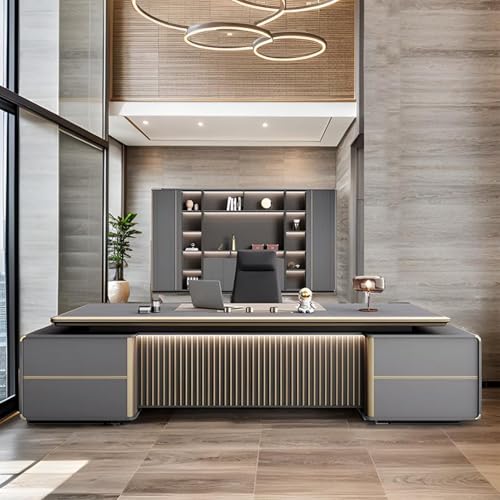 HONGYISHI Gray L Shaped Computer Desk, Executive Office Desk with Lateral Cabinet Study Writing Table Business Furniture Set for CEO Boss -