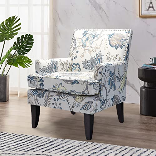 HULALA Home Modern Accent Chair with Arms and Wooden Legs, Mid Century Accent Chair Armchair High Back Rest, Padded Armrest and Comfortable Cushioned Seat for Living Room (Blue Yellow Floral) -
