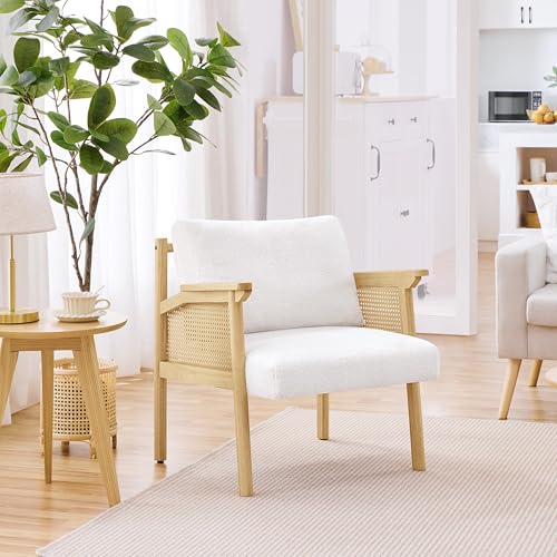 Yaheetech Accent Chair, Boucle Vanity Chair with Rattan Back Arms, Mid Century Chair Upholstered Living Room Chair Lounge Chair Bedroom Balcony White -