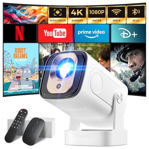 wowlink Projector [Auto Focus & 1080P Native & Bulit-in Apps] Projector 4K Support Auto Correction WiFi 6 Bluetooth 5.4 Mini Portable Projector Compatible with HDMI/TV Stick/Memory Stick/Laptop, White -
