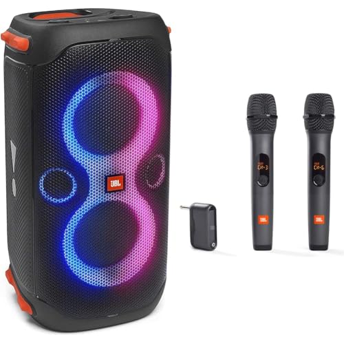 JBL PartyBox 110 - Portable Party Speaker with Built-in Lights, Powerful Sound and deep bass, Black & Wireless Two Microphone System with Dual-Channel Receiver, Black -