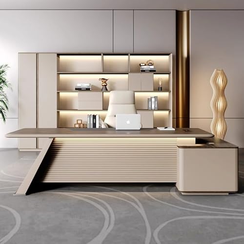 DLCQIJI 94" Brown Wood L Shaped Solid Wood Executive Office Desk Computer Desk with Lateral Cabinet Writing Study Table Business Furniture Set -