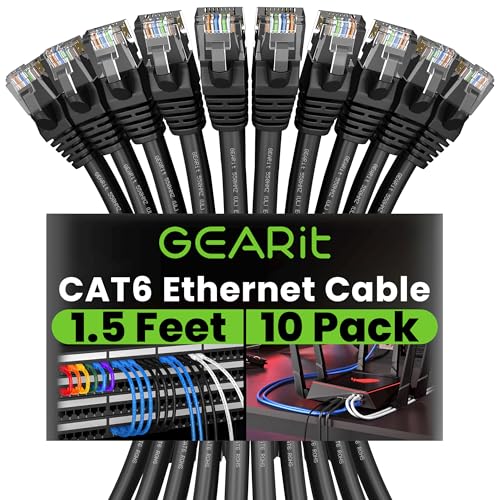GEARit Cat 6 Ethernet Cable (10-Pack 1.5 Feet) Cat6 Network Patch, 10Gbps, RJ45, Snagless Cord, Gold-Plated Connectors, Internet for PC, TV, Tablet, Router, Printer, Servers, IT Data Center - Black -