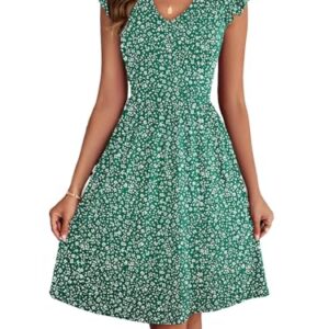 HELYO Summer Dress for Women's 2025 Beach Casual Cute V Neck Short Work Floral Print Ruffle Sleeve Cocktail Dresses with Pockets 648 Green White M -