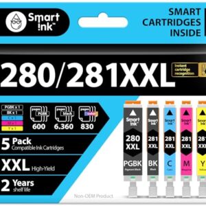 Smart Ink Compatible Ink Cartridges Replacement for Canon 281 280 PGI-280XXL CLI-281XXL (5 Combo Pack) to use with Canon Printers Pixma TR8520 TS9120 TS6120 TR8620 TR8620a TS6320 TR7520 PGBK/BK/C/M/Y -