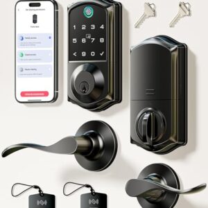Veise VE017-L Fingerprint Smart Lock with 2 Lever Handles, Keyless Entry Front Door Lock Set, App Control, Electronic Digital Keypad Deadbolt, Easy Installation, Emergency Power Port, Matte Black -