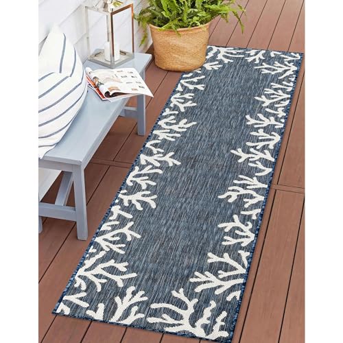 Liora Manne Carmel Indoor/Outdoor Power Loomed Synthetic Blend Low Profile Area Rug - Transitional Border Coastal Ocean Decorative (Coral Border Navy) (1'11" x 4'11") -