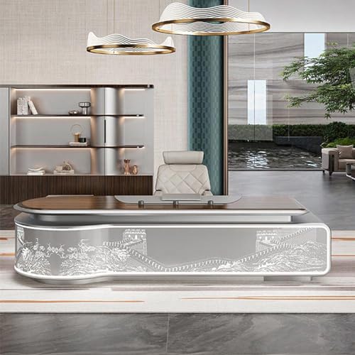 YZABEL Luxury Solid Wood Office Desk with Metal Frame, Extra Large 110 inch Corner Executive Desk with File Drawers and Power Outlets, Writing Study Table Business Furniture Set Workstation for CEO Bo -