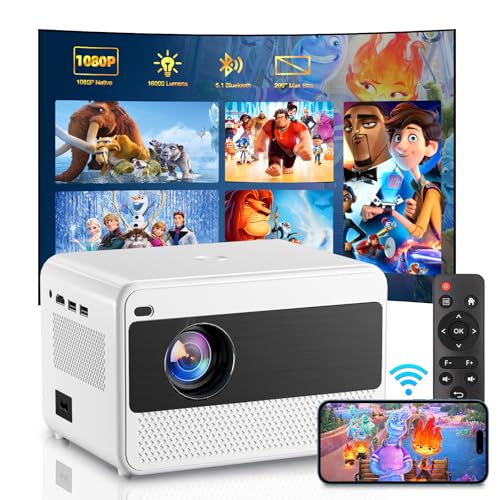 Video Projector with 5G WiFi and Bluetooth 5.1, Native 1080P Home Projector with Speaker, 16000LM Outdoor Movie Projector, Max 200" Compatible with iPhone / Android / TV Stick / Laptop / HDMI / USB -