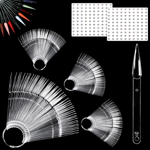 Allstarry 200 Pcs Clear & Natural Nail Swatch Sticks with Ring and Numbered Tips Pointed Shaped Nail Art Polish Display Tips, False Nail Sample Sticks, Sacks of Transparent Nail Practice for Manicure -