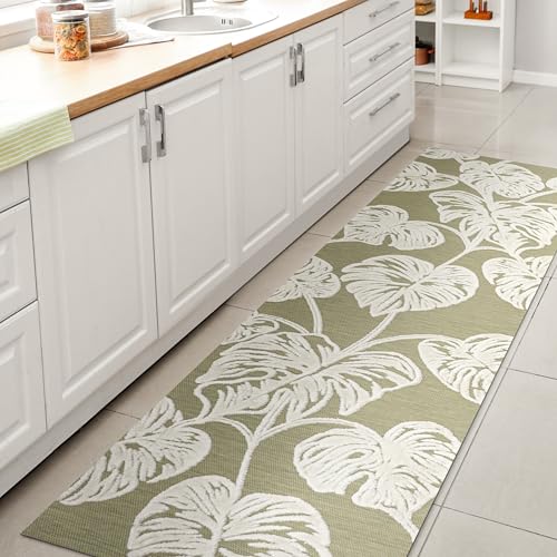 JONATHAN Y HWC100D-28 Tobago High-Low Two-Tone Monstera Leaf Indoor/Outdoor Runner Rug, Floral, Coastal, Country, Backyard, Patio, Porch, Easy-Cleaning, Non-Shedding, 2 X 8, Light Green/Ivory -