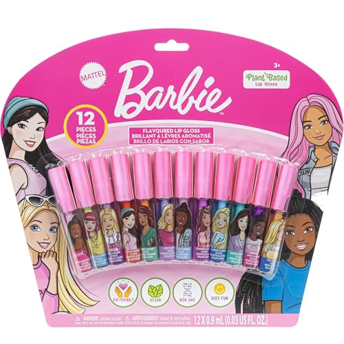 Barbie 12 Piece Plant Based Lip Gloss, Girls Party Favors, First Makeup Set for Girl, Perfect for Parties, Sleepovers, and Birthday Gifts, Ages 3+, by Townley Girl -