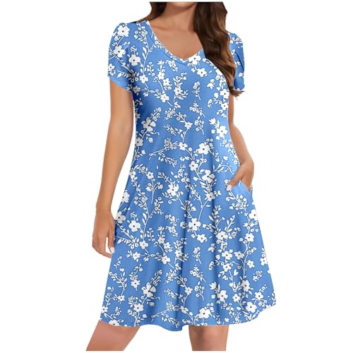 Womens 2025 Summer V Neck Mini Dresses Fashion Elegant Casual Petal Short Sleeve Flowy Tunic Tshirt Dress with Pockets -