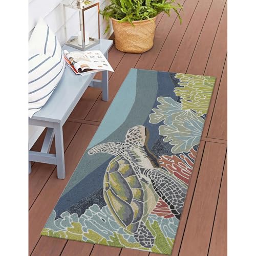 Liora Manne RAVELLA Indoor/Outdoor Hand Tufted Synthetic Blend Durable Area Rug - Contemporary Coastal Turtle Decorative (Akumal Ocean) (2' x 5') -