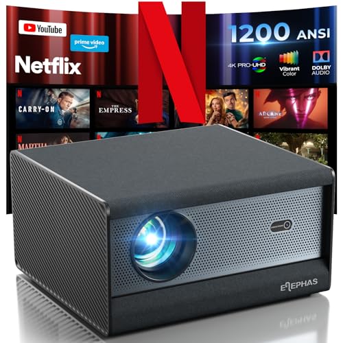 [1200 ANSI/Netflix-Licensed/30W Dolby Audio] ELEPHAS Smart 4K Projector with WiFi and Bluetooth, Dust-Proof Sealed UHD Video Projector, Auto Focus/Keystone, Portable Home Theater for Indoor/Outdoor -