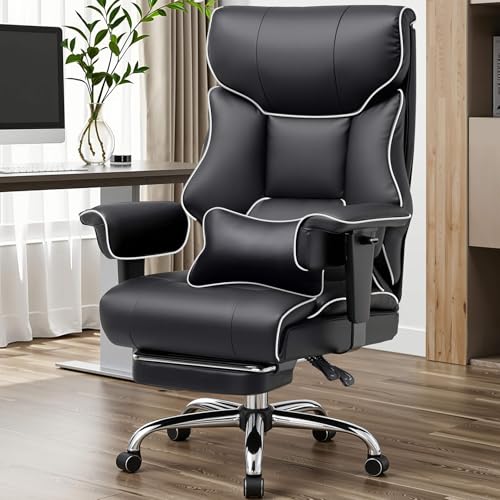 COMHOMA Big and Tall Office Chair 400lbs High Back Leather Executive Chair with Ergonomic Lumbar Support & Pocket Spring Cushion for Lower Back Pain Relief, White Black -