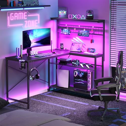 Bestier Gaming Desk 51" L-Shaped, with Power Outlets & LED Lights- 4 Tier Shelves, Reversible Gamer Table with Hooks & Cup Holder for Home Office Carbon Fiber Black -