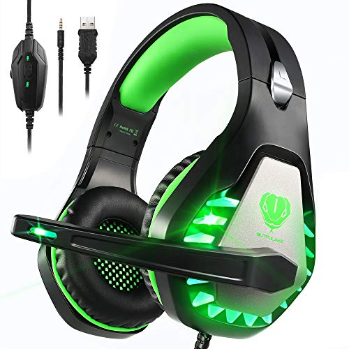 Pacrate Gaming Headset with Microphone for PC, PS4, PS5, Switch, Xbox Series X/S, Noise Cancelling Gaming Headphones with LED Lights for Kids Adults, Black Green -