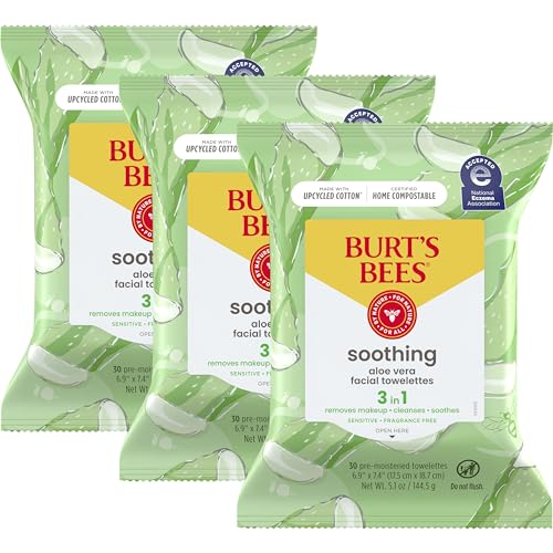 Burt's Bees Aloe Vera Face Wipes, for Sensitive Skin, Soothing Makeup Remover & Facial Cleansing Towelettes, 30 Ct. (3-Pack) -