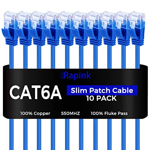 Rapink Patch Cables Cat6a 20ft (10 Pack) Slim, Cat6a Ethernet Patch Cable 10G Support, Snagless Cat 6 Patch Cable for Patch Panel to Switch, Flexiable Cat 6a Ethernet Cable with Gold Plated -