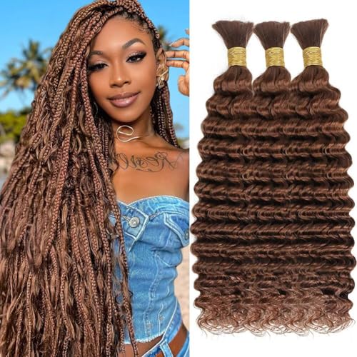Human Braiding Hair for Boho Braids 150g 18 Inch Auburn Brown Curly Boho Hair for Braiding Knotless 12A Deep Wave Bulk Bohemian 3 Bundles/Pack Color 30 -